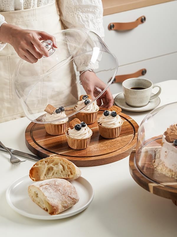 Kanwone Acacia Wood Cake Stand with Acrylic Lid - 12in Cake Plate, Multi-Functional Dessert Table Display Set, Charcuterie Board, Cake Holder with Dome, Detachable Design