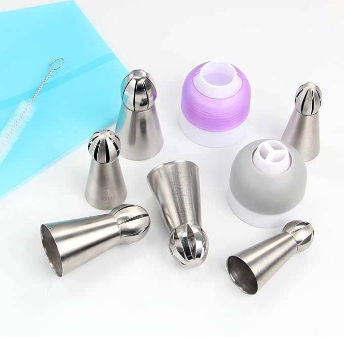 10 Pieces Stainless Steel Russian Twist Flower Icing Tips Set, 3 Big Ball Piping Tips,3 Small Ball Piping Tips,1 Pastry Bags,1 Cleaning Brush,2 Plastic Couplers,Cake Decorating Piping Tips Set