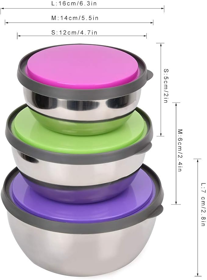 3 Piece Stainless Steel Mixing Bowls Set with Sealing Lids Nested Food Storage Containers 12 14 16 Cm for Cooking Baking Prepping Camping Home Office Lunch