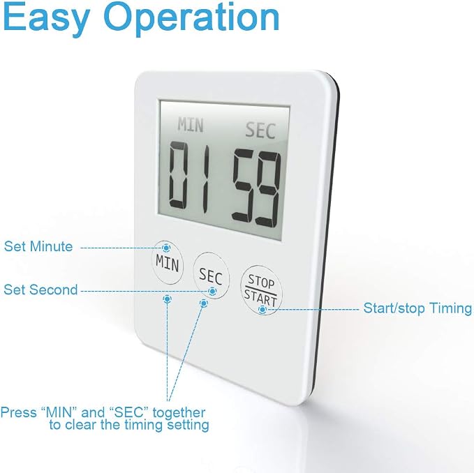 Attom Tech 2 PCS Ultra Slim Digital Kitchen Timer with Alarm and Magnet Back, Large Display, Small Thin Mini Countdown Up Timer for Cooking Baking Sports Nap Games Office, White