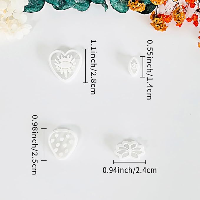 Xaekicr 4PCS Polymer Clay Cutters Set - Eye, Strawberry, Clover Heart Shape Clay Earring Cutters for DIY Jewelry Making, Clay Tools and Polymer Clay Molds