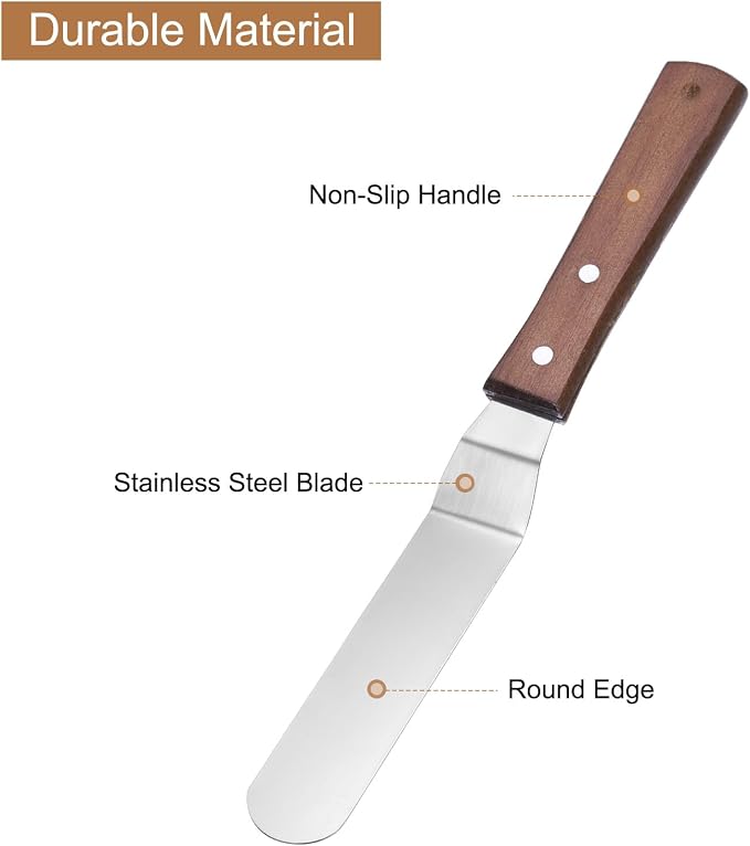 uxcell Icing Spatula with 6 Inch Stainless Steel Bent Blade Cake Angled Scraper Offset Frosting Spatula with Wood Handle for Cake Decorating, Smoothing Frosting, Baking, Wood Color