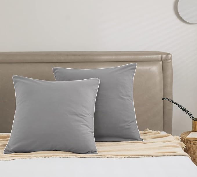 DAUAOTO Euro Shams 26"x26" Square Pillow Cushion Cover 2 Pieces Set Microfiber (Gray with Decorative White Piping)