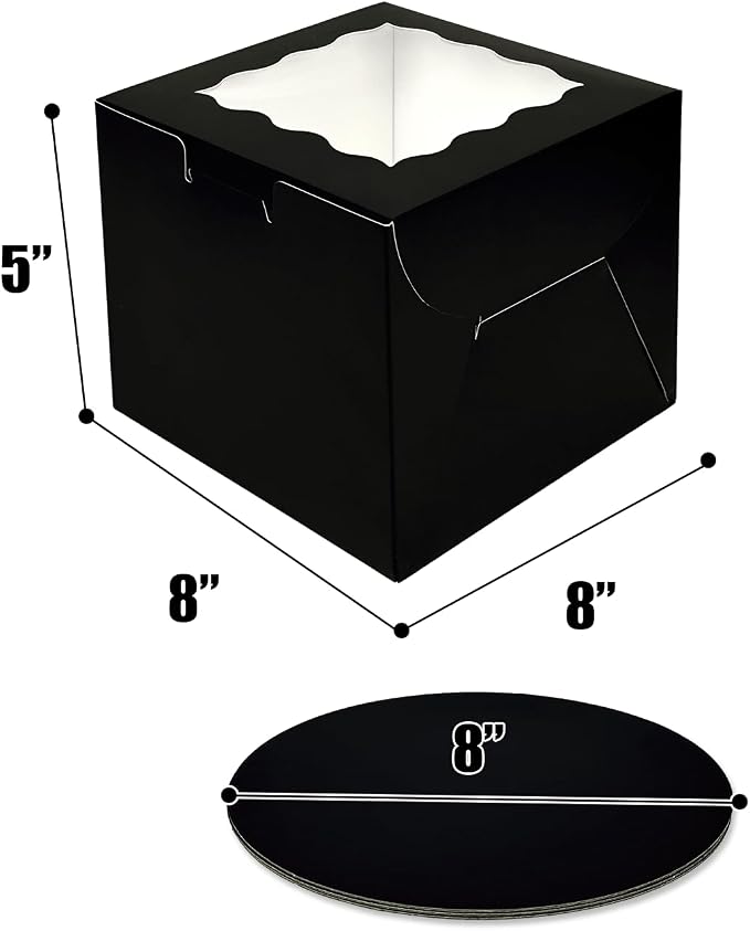 Bakepacker 36pcs 8x8x5 Inches Cake Boxes with Window 18-Packs Black 8 Inch Bakery Boxes (18 Cake Boxes +18 Cake Boards Included)