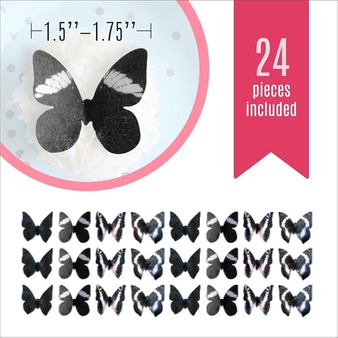 Sugar Robot Inc. Edible Butterflies Small Size Premium Crafted Made in the USA Cake and Cupcake Toppers, Decoration (black) set of 24
