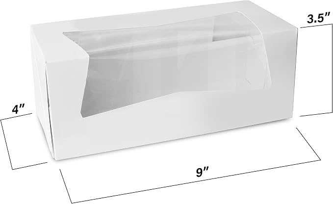MT Products 9" x 4" x 3.5" White Auto-Popup Bakery Boxes with Window - 25 Pack - Long Pastry Container for Cupcakes, Strawberries, Donuts & Swiss Rolls - Made in the USA