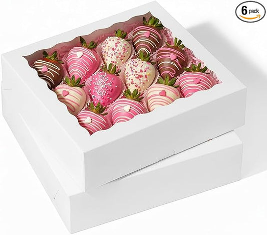 6PCS 9X9X2.5 Inches White Bakery Boxes,Pie Boxes with Clear Window Treat Boxes for Chocolate Strawberries, Pastries, Muffins, Donuts,Cookie,Breakable Heart