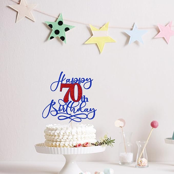 Happy 70th Birthday Cake Topper,Deep blue font red Numbers 70th Birthday Cake Decoration,Hello 70, Cheers to 70 Years/70th Anniversary,70& Fabulous Party Decoration