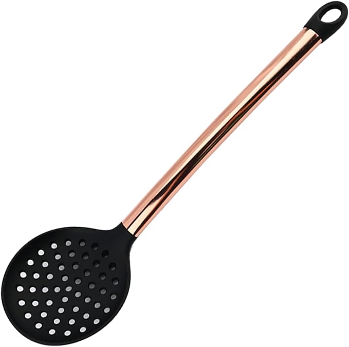 1pc Black & Copper Silicone Skimmer Spoon Set with Stainless Steel Handle, Heat Resistant Kitchen Big Slotted Strainer Spoon for Pasta Spaghetti Noodles and Frying.