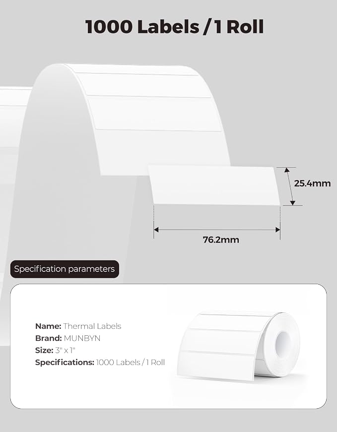 MUNBYN 3x1 Inch White Thermal Labels, Strong Adhesive, Thermal Sticker Labels for Price, Mailing, Name, 1000 Sheets/1 Roll