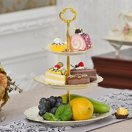 YOLIFE Pink Rose Pattern 3 Tiered CupCake Stand, Emboss Golden Leaves Edge Porcelain 3 Tier Pastry Desert Fruit Stand