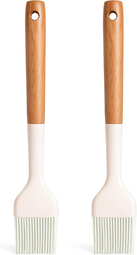 Silicone Basting Pastry Brush 2 PCS Silicone Oil Brushes with Wooden Handle Durable Heat Resistant Kitchen Brush for Cooking Baking Grilling Spreading BBQ Oil Butter Easy to Clean