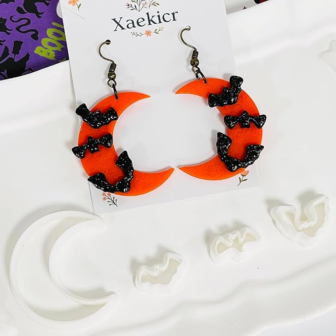 Xaekicr Halloween Moon Bat Polymer Clay Cutters Set – 4pcs Clay Earring Cutters for DIY Polymer Clay Jewelry Making, Clay Tools and Molds for Earrings