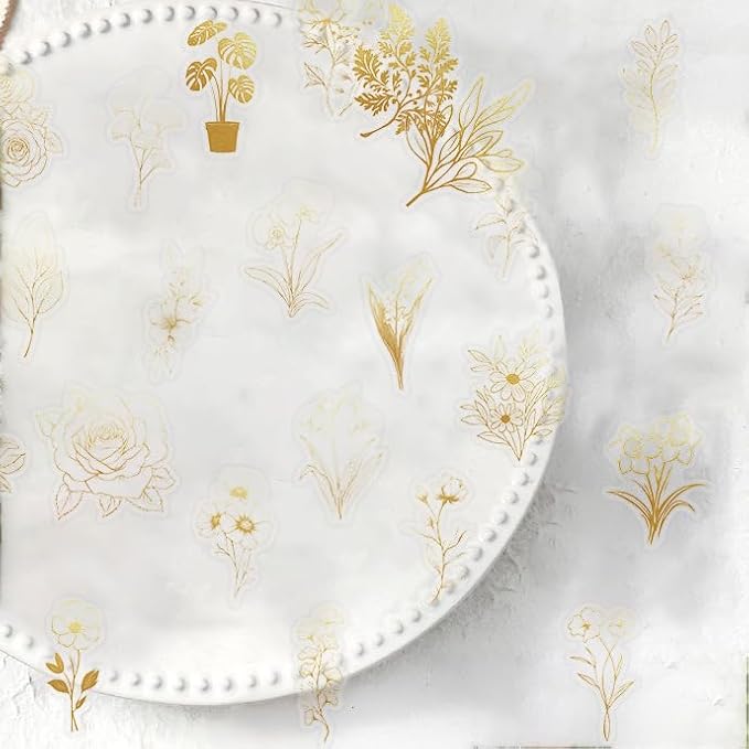 50pcs Transparent Golden Plants Flower Stickers PET Waterproof Nature Flower Decals Decorative for Water Bottles Phone Cases Laptops Scrapbook DIY Crafts Album Journal Plant Enthusiast (Golden Plants)