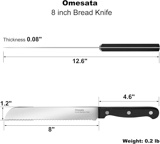 Omesata Bread Knife, Serrated 8 inch Bread Knifes for Homemade Bread Sourdough, Blade Razor Sharp and Wavy Edge from Professional Stainless Steel