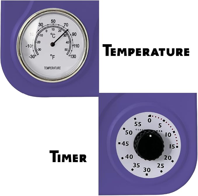 Lily's Home - 9 Inch x 12.5 Inch - Retro Kitchen Wall Clock, Vintage Wall Clock with a Thermometer and 60-Minute Timer, Ideal for Any Kitchen, Office, or Diner (Purple)