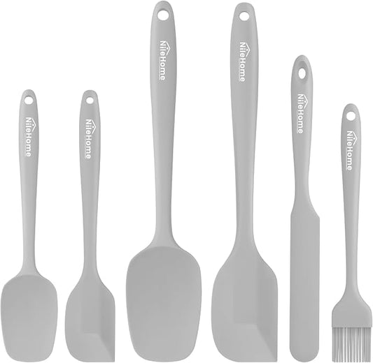 NileHome Silicone Spatula Set, 6 Pieces Food Grade Kitchen Utensils with Silicone Brush Heat Resistant Up to 600°F Dishwasher Safe BPA-Free Rubber Spatula for Scraping, Baking, Cooking, Mixing-Grey