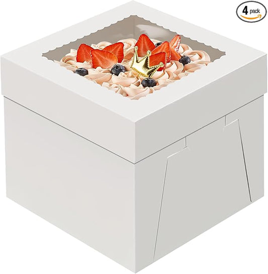 WINKIO 10x10x8 Inch Cake Box, 4 Pack White Cake Boxes with Window, Disposable Bakery Boxes 10 Inch for Cake Cookies Pies Cupcakes Pastry