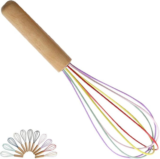 1-Piece Rainbow Silicone Whisk with Wooden Handle BRIIEC 10-inch Non Stick Balloon Whisk Egg Beater for Pancake Batter, Eggs and Egg Whites, Cake Mix, Blending, Gravy and Sauces