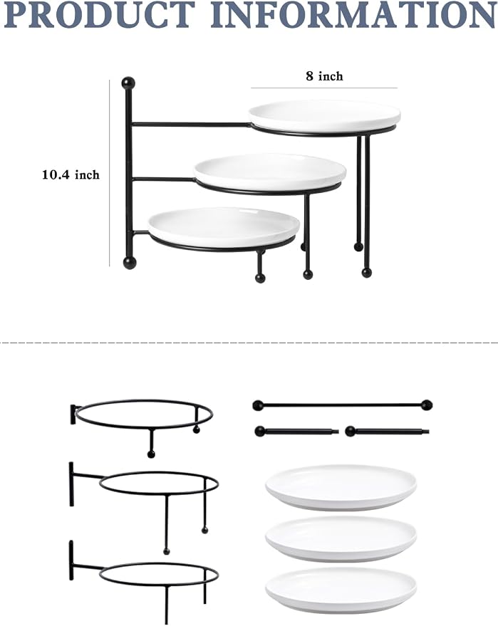 Kanwone 3 Tiered Serving Stand with White Porcelain Plates, Tiered Tray Stand, Dessert Table Display Set, 8" x 8" Tier Serving Trays with Black Metal Stand for Entertaining, 3 Tier Dessert Stand
