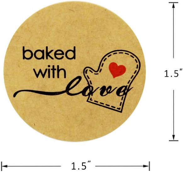 Hcode 500 Natural Kraft Paper Round Baked with Love Stickers with Red Heart in Baking Gloves 1.5 Inch Adhesive Label (1 roll, Kraft Baked with Love)