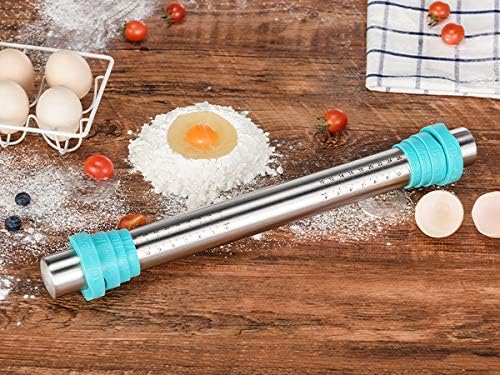 U-Taste 18/8 Stainless Steel 16 inch Adjustable Rolling Pin with Silicone Removable Thickness Rings, and 20inx16in Large Silicone Pastry Mat Food-Grade Non-Stick Dough Rolling Mat (Aqua Sky+Transparen