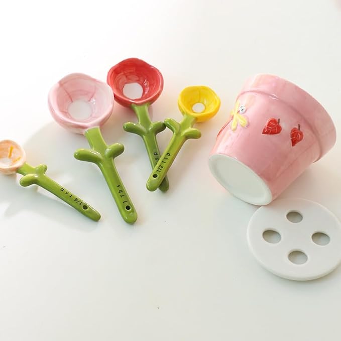 Sunflowers Measuring Spoons and Cups Set, Cute Ceramic Measuring Spoons, Baking Sunflowers Measuring Spoon with Holder for Milk Powder Sugar Salt Wet Dry Ingredients