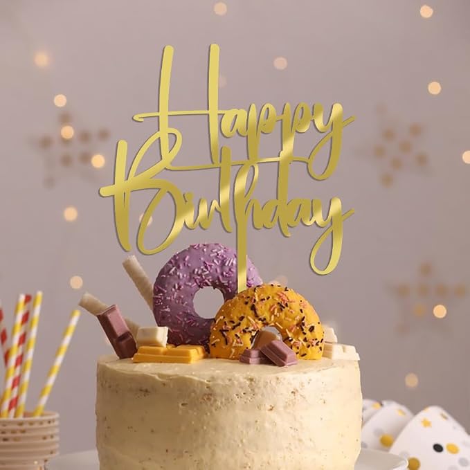 Acrylic golden Happy Birthday Cake Topper, Happy Birthday Cake Bunting Deco, Baby Gender Reveal Party/Anniversary PartyDecoration Supplies (Acrylic golden)