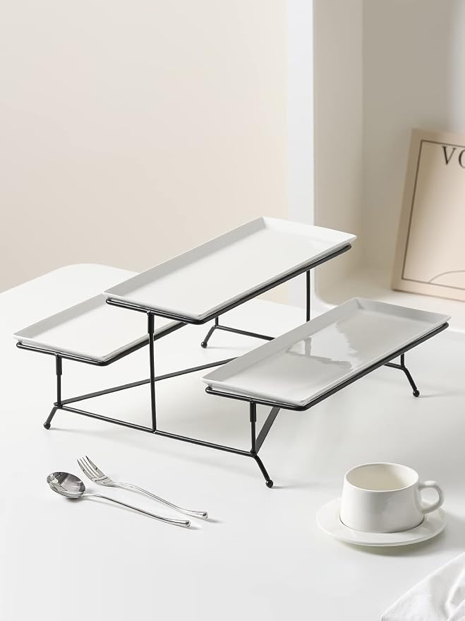 Kanwone 2 Tier Serving Stand With White Porcelain Platters, 14.5" x 6" Tiered Tray for Entertaining Party, Dessert Stand With Black Metal Base