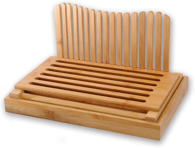 GloBamboo Bamboo Bread Slicer with Cutting Board For Homemade Bread, Adjustable, Compact, Foldable and Customizable Loaf/Cakes/Bagel Slicer, 3 Slice Sizes with Serving and Crumb Catcher Tray