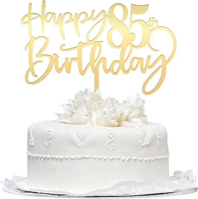 Happy 85th birthday cake Topper,Mirrored Gold Acrylic Durable Cake Topper,85th Birthday Party Cake Decorations,Hello 85th years old, Happy eighty-five years old, Birthday Party Decorations