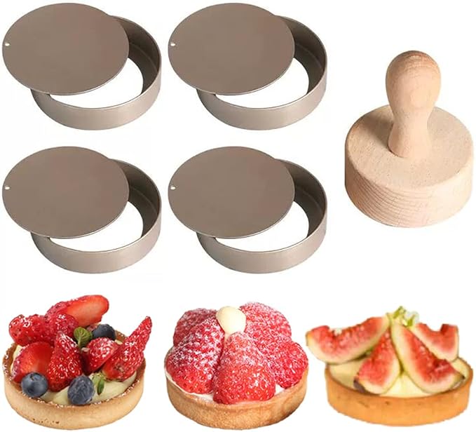 KALAIEN 4 Packs Mini Tart Pans with Removable Bottom 3” Reusable Non-Stick Egg Tart Mold with Tart Tamper for Cheesecake Muffin Pan