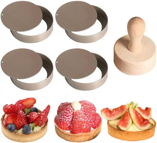 KALAIEN 4 Packs Mini Tart Pans with Removable Bottom 3” Reusable Non-Stick Egg Tart Mold with Tart Tamper for Cheesecake Muffin Pan