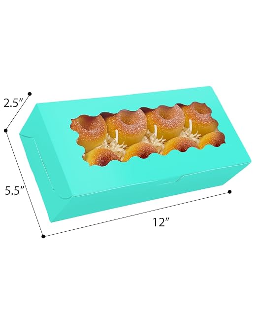 qiqee 50 Packs Mint Blue Cookie Box with Window 12x5.5x2.5 Inch Two Uses Pastry Biscuit Bakery Box For Packaging