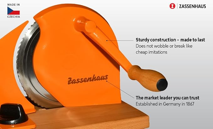 Zassenhaus Original Classic Adjustable Bread Slicer for Uniform Slices - Bread Slicer for Homemade Bread - 18/8 Stainless Steel Blade Sourdough Cutter -Orange, 11.75" x 8"