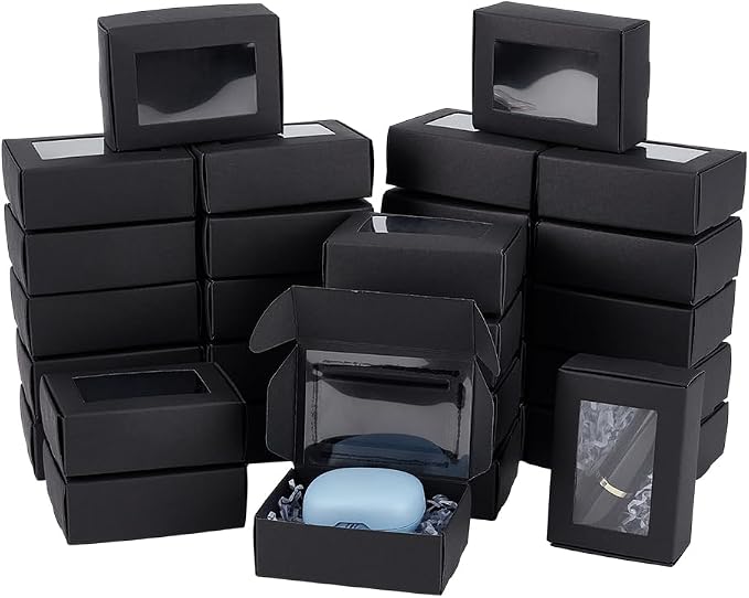 BENECREAT 30 Packs 3.4x2.4x1.1 Inches Rectangle Black Kraft Paper Boxes with Clear Windows for Party Favor Treats, Bakery, Jewelry, Christmas, Festival Gift Packaging