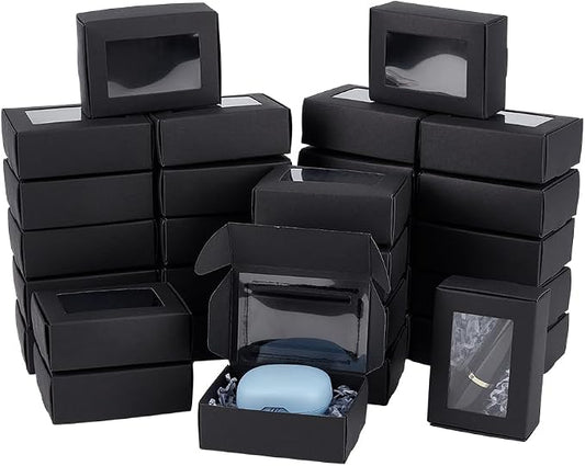 BENECREAT 30 Packs 3.4x2.4x1.1 Inches Rectangle Black Kraft Paper Boxes with Clear Windows for Party Favor Treats, Bakery, Jewelry, Christmas, Festival Gift Packaging