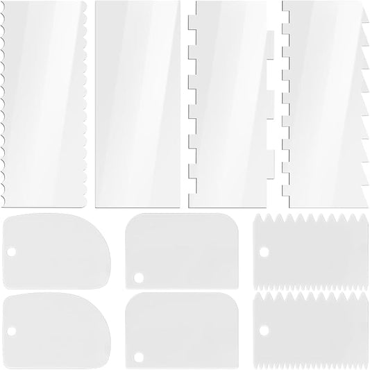 Cake Scraper Set 10 Piece, Icing Smoother and Frosting Comb Tools, 6 PP Scrapers + 4 Clear Acrylic Edge Combs, Sizes up to 9.45 x 3.94 in, for Buttercream Fondant Mousse
