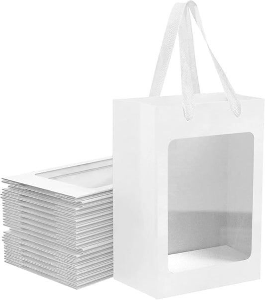 White Paper Gift Bags 24Pcs with Transparent Window, 9.84"x7.0"x5.12" | Kraft Shopping Bags with Handles for Bouquet Christmas Birthdays Festivals Party Weddings Wrapping