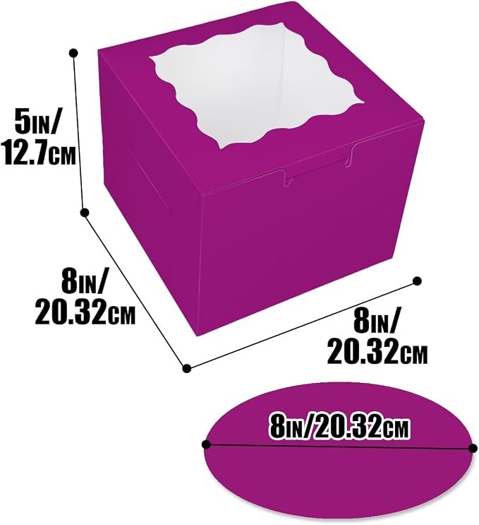 Bakepacker 36pcs 8x8x5 Inches Cake Boxes with Window 18-Packs Deep Purple 8 Inch Bakery Boxes (18 Cake Boxes +18 Cake Boards Included)