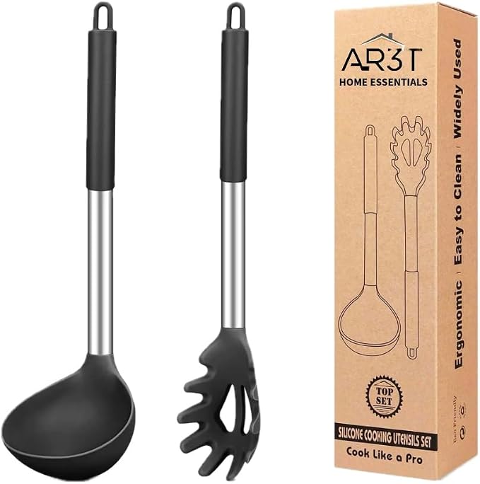 Home Essentials Silicone Cooking Utensils Set, Kitchen Ladle and Pasta Spoon with Stainless Steel Handle, Black, 2-Piece