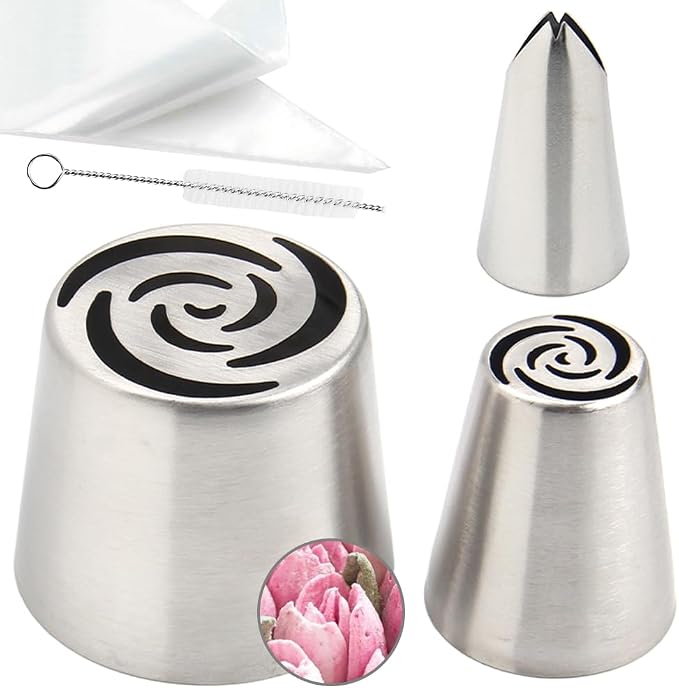 14 PCS Russian Piping Tips Set,Stainless Steel Icing Nozzles for Cake Decorating, Cream Flower Bouquet DIY Cookies, Desserts Baking Tools 1 XXL, 1 XL, 1 Medium Leaf, 10 Piping Bags, 1 Brush