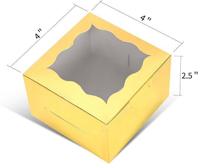 KPOSIYA 10 Pcs Gold Bakery Boxes with Window Individual Cupcake Boxes 4x4x2.5 Inches Cookie Boxes Kraft Paper Silver Gift Box for Pastries, Cookies, Pie, Donuts, Macaroon