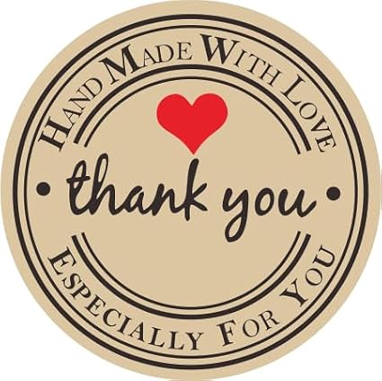 HYBSK Kraft Thank You Hand Made with Love with Red Heart Stickers 1.5" Inch Round Total 500 Adhesive Labels Per Roll (Kraft)