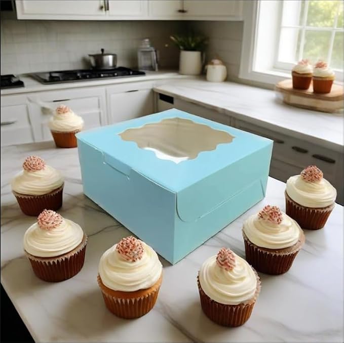 Generic 50Pcs (6x6x3 in) Mini Cake Boxes+3 stickers with Display Window for Gift Giving, Bakesale, Cupcakes, Dessert, Cookies, Pie, Macaroons, Donuts, Pastry, Kraft Paper Material… (50Pcs blue)