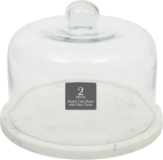 Gibson Elite Ridgehaven 11" Marble Cake Stand, Serving Platter, Charcuterie Board, and Center Piece Home Décor With Glass Lid - Fits 9" Cake