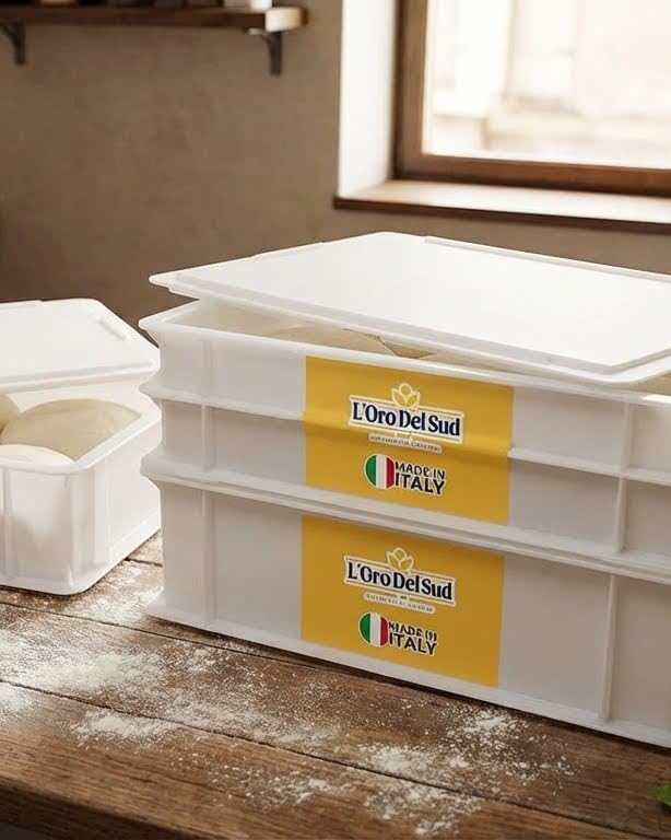 L'Oro Del Sud Home Refrigerator Size, Dough Proofing Tray (2 Pack + 1 Lid) | White Stackable, Commercial Grade, Pizza Proofing Dough Pans with Lid (16 inch x 12 inch x 4 inch), Product of Italy