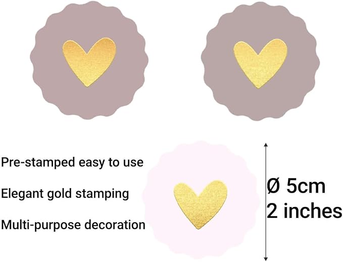 60 Pcs Heart-Shaped Gold Foil Love Stickers, 2 inch Wavy Edge Seals | gold foil love stickers for handmade packaging, envelopes, gift boxes, mailers, wedding invitation and party favors.