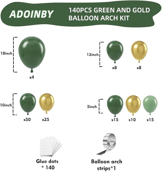 Green and Gold Balloon Arch Kit, Dark Emerald Green Hunter Forest Sage Green Metallic Gold Balloon Garland kit, 18 12 10 5 Inch Balloons for Birthday Wedding Jungle Safari Party Decorations