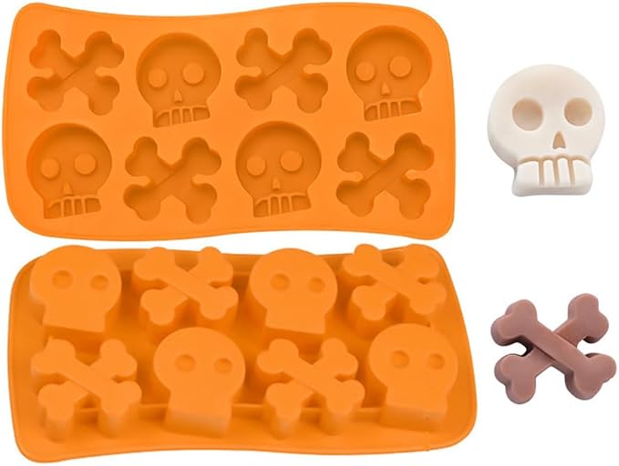 8 Cavities Silicone Cookies Biscuit Mold, Christmas Halloween Candy Mold, Reusable DIY Baking Mold Jelly Chocolate Mold, Ice Cube Tray Wax Melt Molds(Set of 2 Orange Skull)